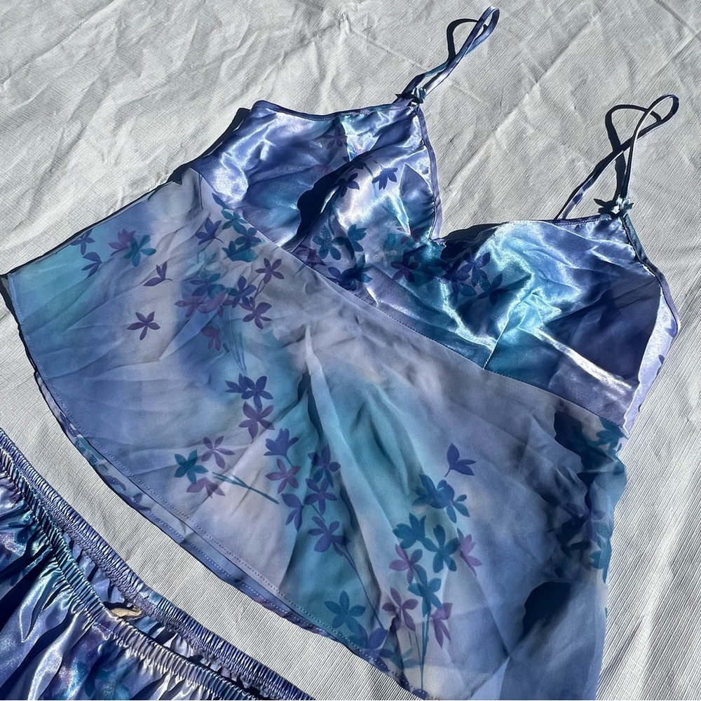 VTG Y2K CALIFORNIA DYNASTY Loungewear PJ Set Floral Chiffon Satin LG